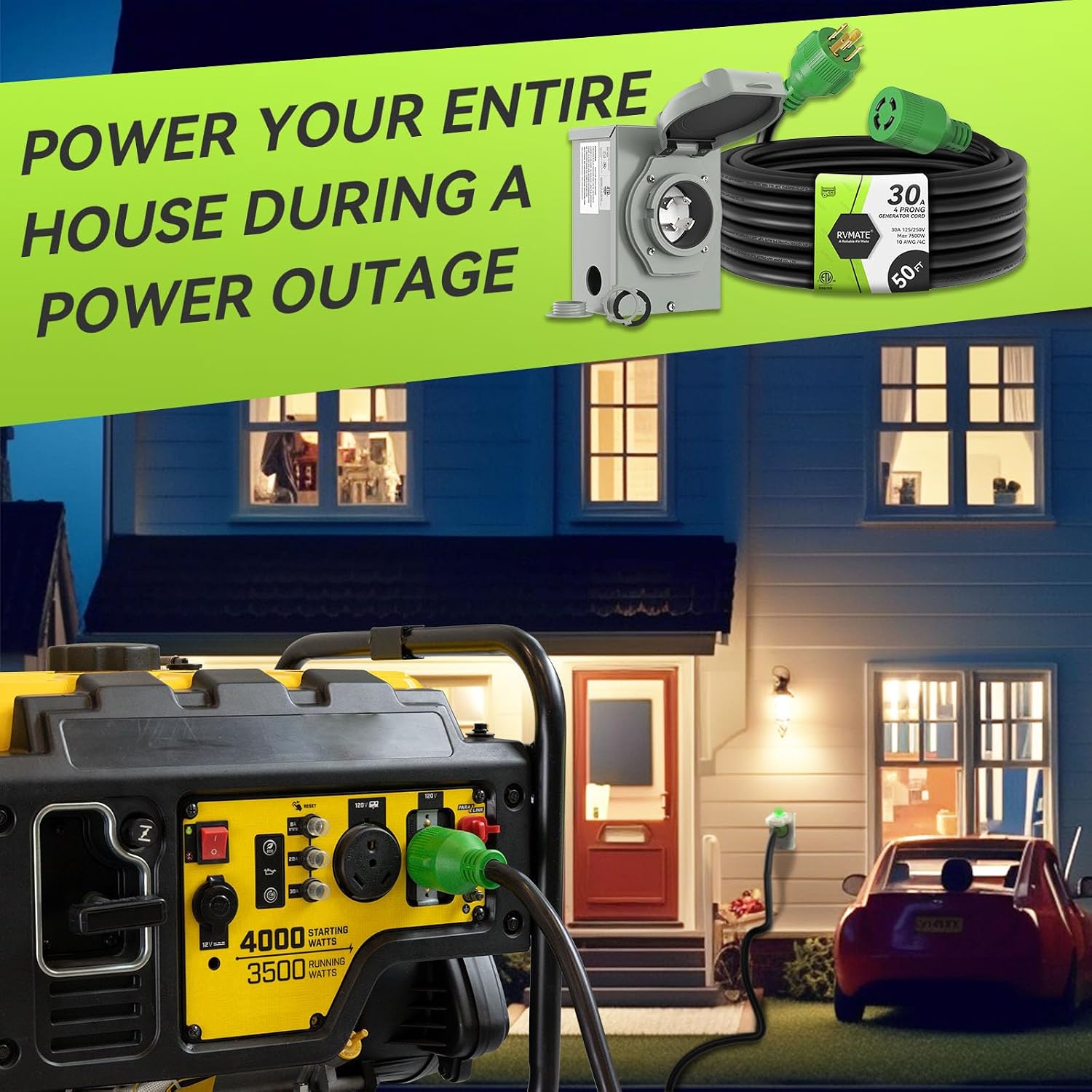 RVMATE 4 Prong 30 Amp Generator Cord (50FT) and Pre-Drilled Power Inlet Box Waterproof Combo Kit, NEMA L14-30P to L14-30R Generator Cord with NEMA L14-30P Generator Inlet, ETL Listed