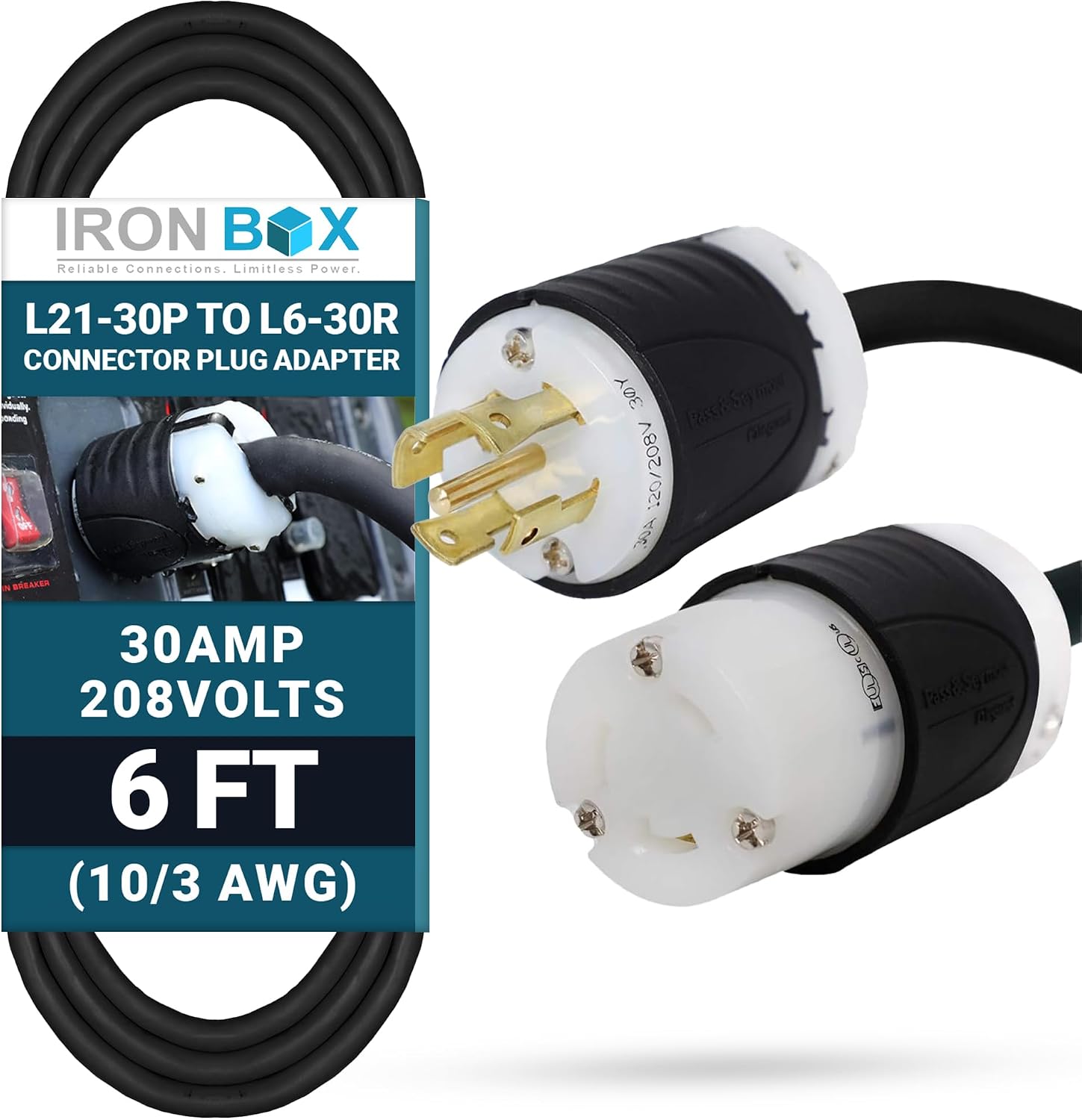 Iron Box Electric - Heavy-Duty L21-30P to L6-30R Connector Plug Adapter - 10/3 AWG - 30 Amps & 208V Rated - Reliable Power Solution for Generators, Transfer Switches, and Industrial Equipment(6 Foot)