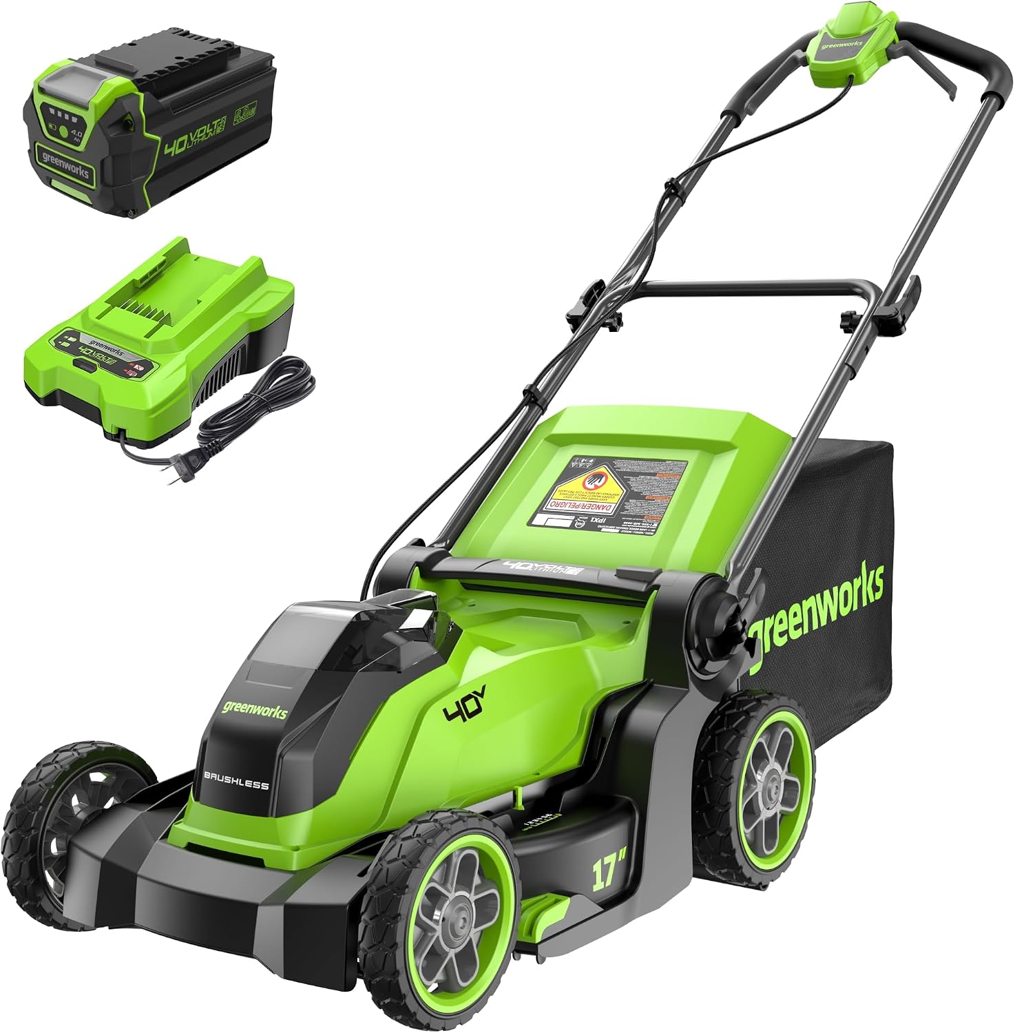 Greenworks 40V 17' Cordless Lawn Mower – Brushless Motor, 4.0Ah Battery & Charger (75+ Compatible Tools), 2-in-1 Mulch/Bag