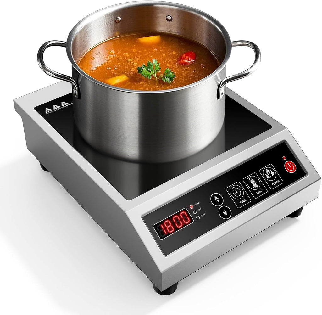 Induction Cooktop Commercial 1800W, Portable Countertop Burner with 8' Fast Heating Coil, 11 Temp/Power Levels, 24H Timer Stainless Steel Electric Stove for for RV Home Kitchen