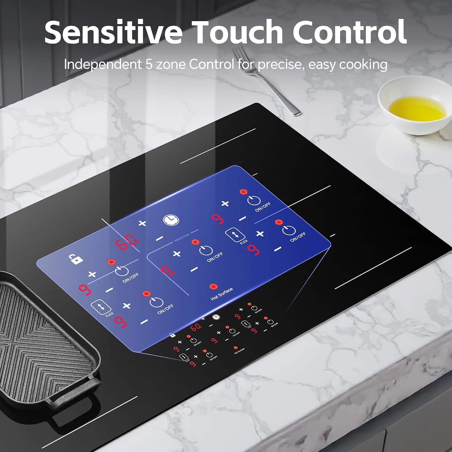 36 Inch Electric Induction Cooktop 5 Burners, 10800W Built-in Induction Stove Top with Double Bridge Function, Booster, Timer, Child Lock, Sensor Touch Control, 240V/50A, No Plug