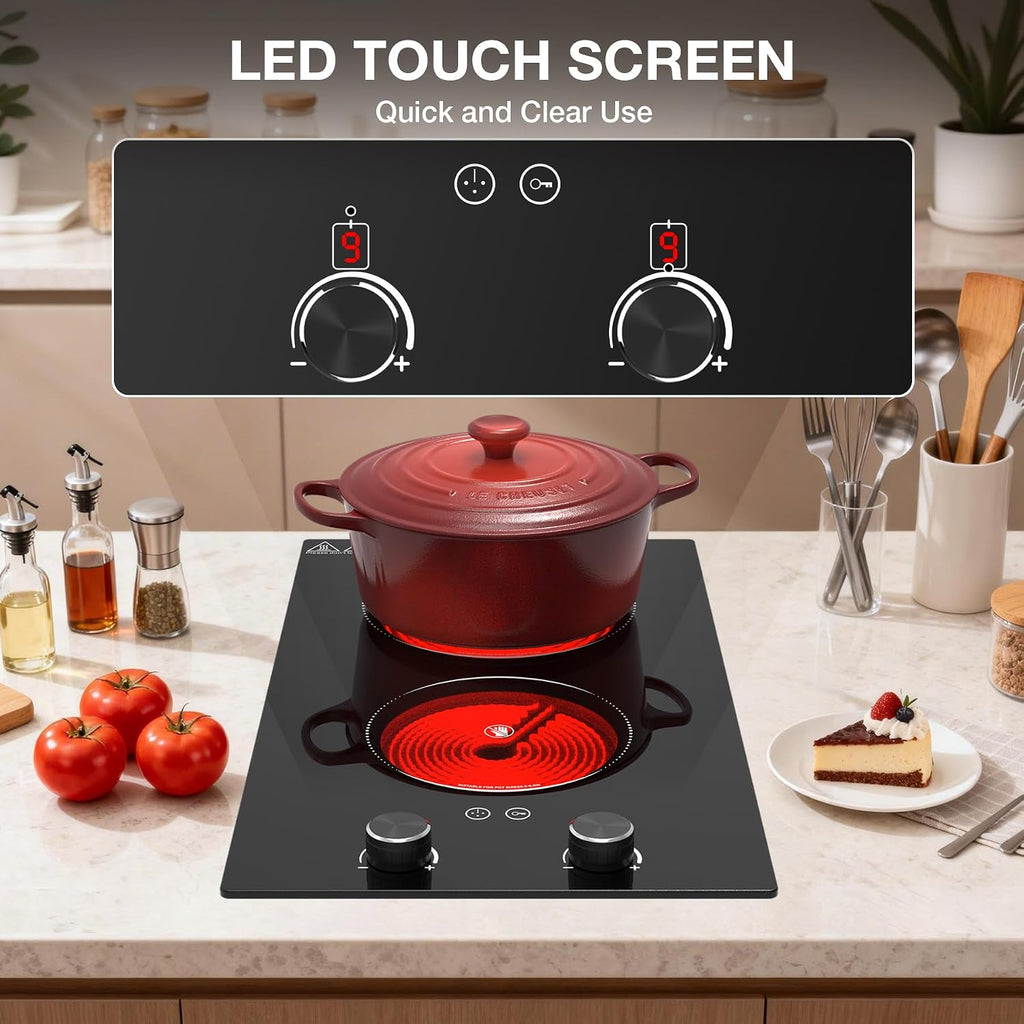 2100W Electric Cooktop 2 Burner: Electric Stove 110v-120v Hot Plate, Knob Control Countertop & Built-in Ceramic Cooktop 9 Power Levels, Child Lock, Timer, Suitable for all Pans