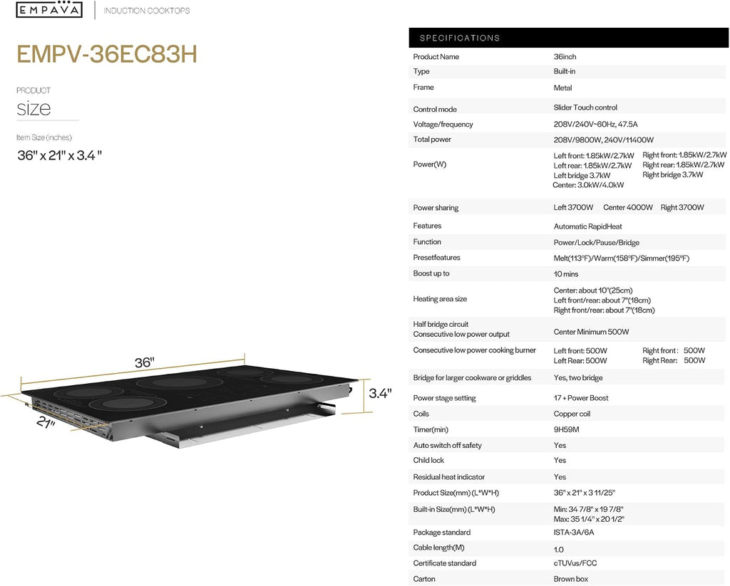 Empava Built-In Electric Induction Cooktop 36 Inch, Bridge-SYNC Element, Auto RapidHeat, 3 Preset Modes, Pan Sensor, Hardwired 208~240V, 50A, Black Vitro Ceramic Glass
