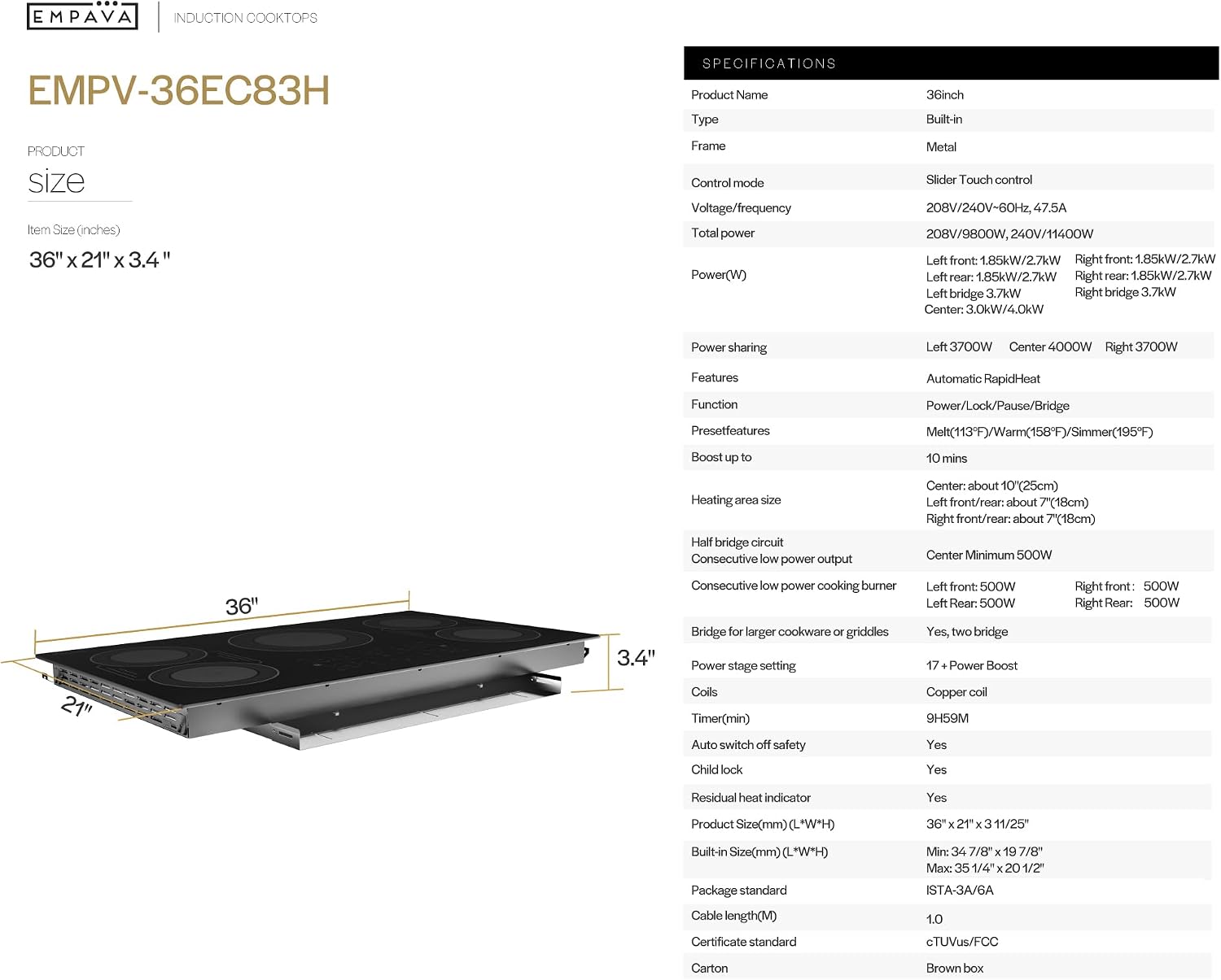 Empava Built-In Electric Induction Cooktop 36 Inch, Bridge-SYNC Element, Auto RapidHeat, 3 Preset Modes, Pan Sensor, Hardwired 208~240V, 50A, Black Vitro Ceramic Glass