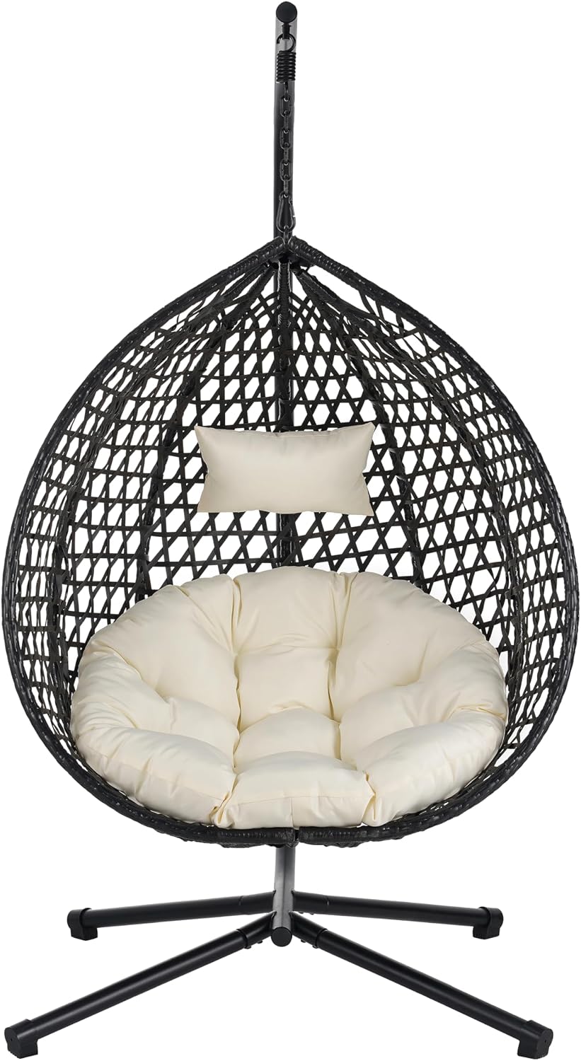 Single Hammock Chair with Stand Durable Hanging Egg Chair with Rattan Weaving, Indoor Outdoor Swing Chairs with Soft Removable Cushion for Balcony, Bedroom, Patio, or Garden, Black+Beige