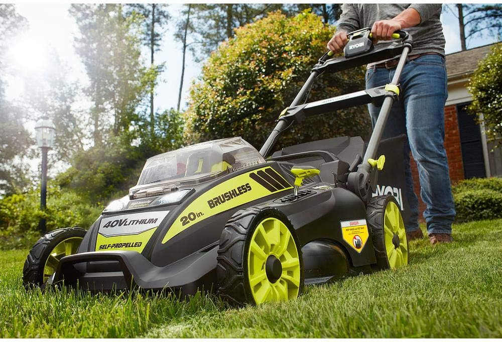 Ryobi. 20' RY40190 40-Volt Brushless Lithium-Ion Cordless Battery Self Propelled Lawn Mower with 5.0 Ah Battery and Charger Included
