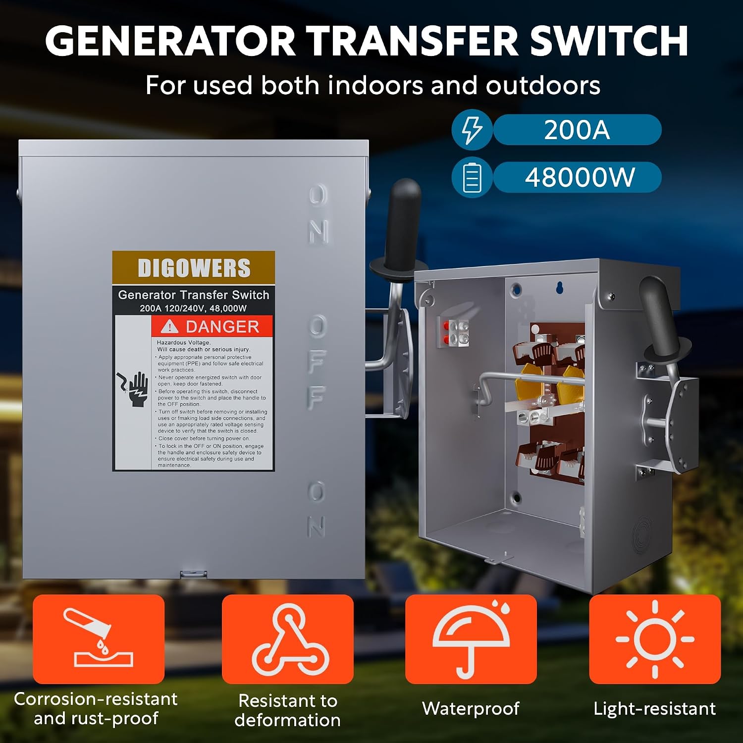 200A 2/3 Pole Generator Transfer Switch, 120/240V Manual Transfer Switch for Home Generator, 48000W General-Duty Double-Throw Heavy Duty Safety Switches for Indoor and Outdoor (200A-2/3P)
