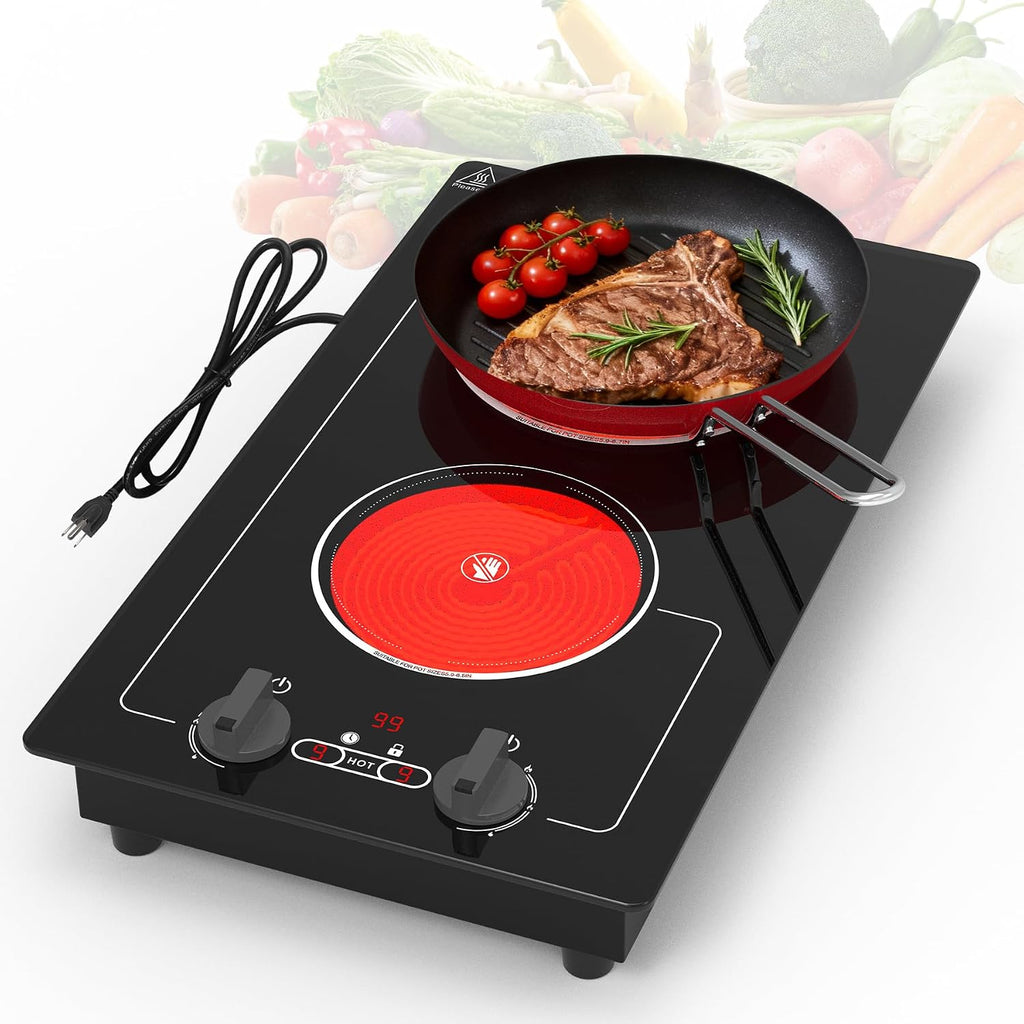 VBGK Electric Cooktop,110V 2100W electric Stove Top with Knob Control,Countertop/Built-in Design with 9 Power Levels,Kids Lock & Timer, Overheat Protection,and touch control 2 burner electric Cooktop.