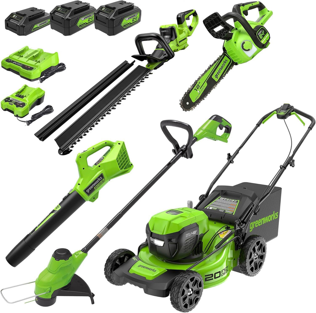 Greenworks 48V (24V x 2) 5-Piece Garden Tool Set: 20' Push Mower, 12' String Trimmer, 320CFM Leaf Blower, 12' Chainsaw, 22' Hedge Trimmer - 3 Batteries, 2 Chargers, 3-Year Warranty