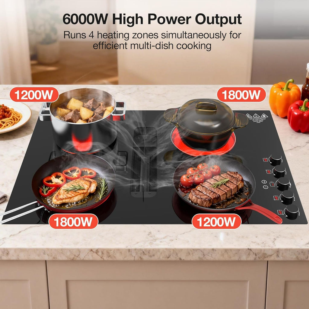 30' Electric Cooktop with Downdraft – 4 Burner 6000W Built-in Electric Stove, BBQ Bridge Burner, Timer, Safety Lock, Recirculating Vent (220V-240V)