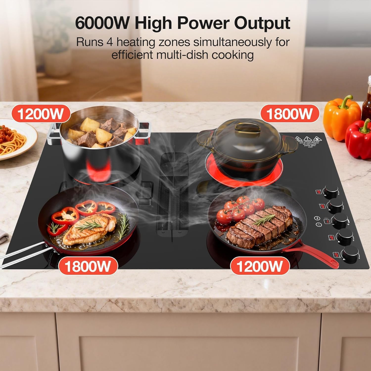 30' Electric Cooktop with Downdraft – 4 Burner 6000W Built-in Electric Stove, BBQ Bridge Burner, Timer, Safety Lock, Recirculating Vent (220V-240V)