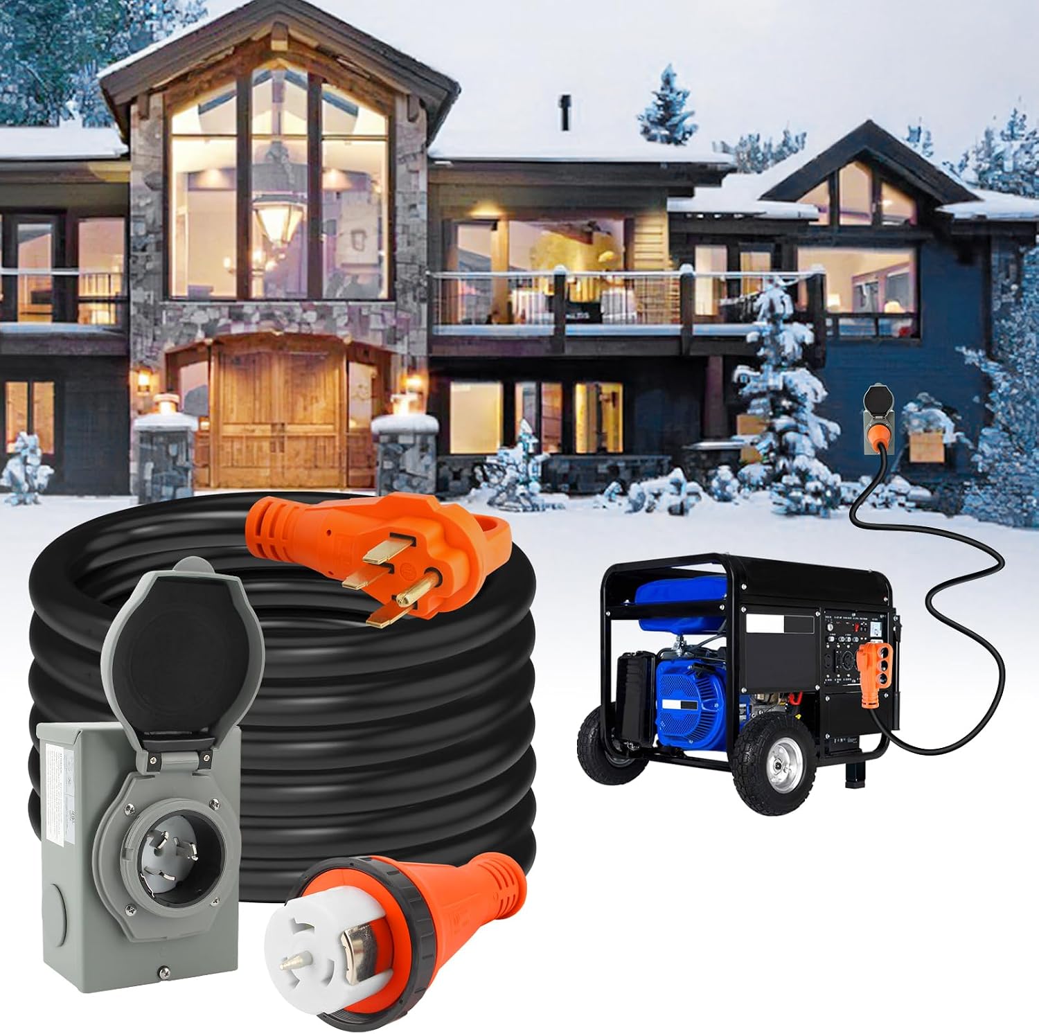 50 Amp 25FT Generator Cord and 50 Amp Power Inlet Box for Home, NEMA 14-50P SS2-50R STW 6/3+8/1 AWG Generator Cable and NEMA SS2-50P Pre-Drilled Inlet Box for Generator to House, ETL Listed