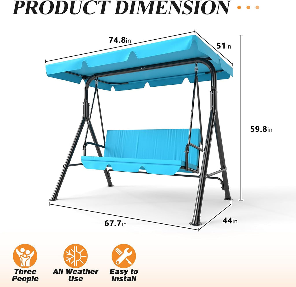GARTOO 3-Seat Patio Swing Chair, Outdoor Porch Swing with Adjustable Canopy and Durable Steel Frame for Patio, Garden, Poolside(Turquoise)