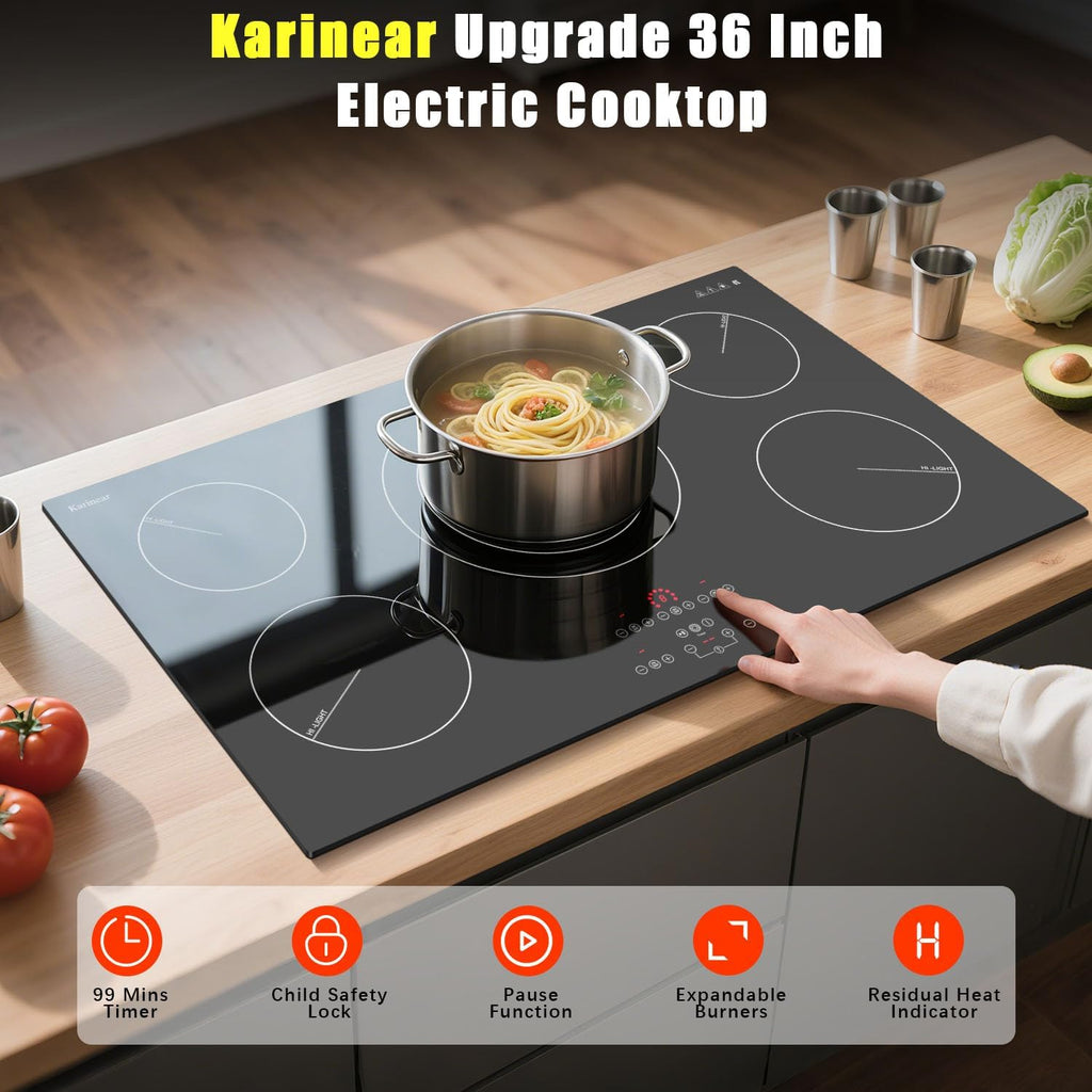 Karinear Electric Cooktop 36 Inch, Upgrade Sensor Touch 5 Burners Electric Stove Top, Built-in Ceramic Cooktop, Pause, Timer, Safety Lock, Triple Ring Expandable Burner,9400W, 220V