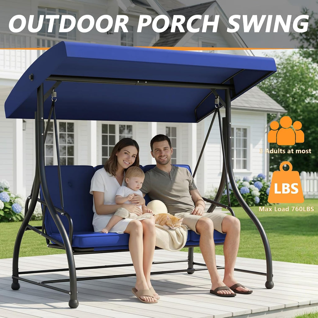 3-Seat Porch Swing Bed with Adjustable Canopy & Removable Cushions, Heavy Duty Steel Frame Outdoor Patio Swings Glider Chair for Backyard, Garden, Deck, Blue