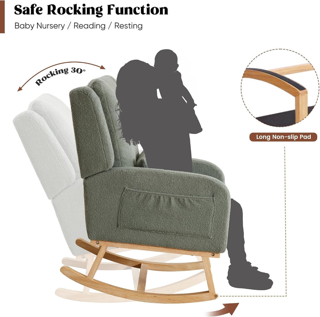HCHAIRH Rocking Chair Nursery, Teddy Nursing Rocking Chairs, Upholstered Nursery Glider Rocker for Mom Nursery Morden Accent Rocking Chair with Lumbar Pillow for Living Room,Bedroom, Green