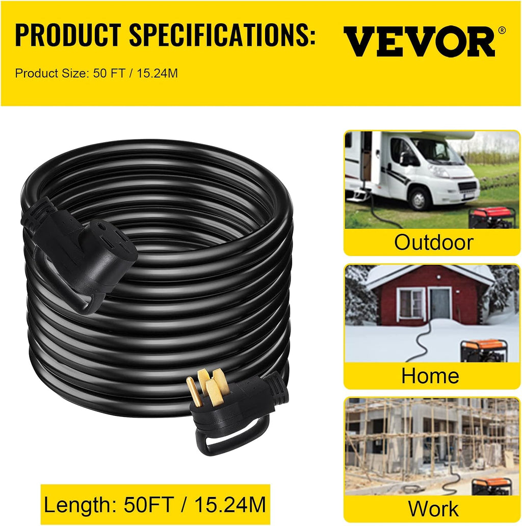 VEVOR 50FT 50Amp RV Extension Cord NEMA N14-50P to N14-50R, 125 / 250V Heavy Duty STW 6/3+ 8/1 RV Power Cord, for EV Charging and RV Trailer Campers