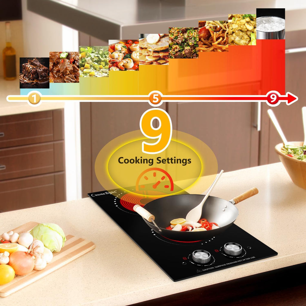 Portable Electric Cooktop 2 Burner 110V Plug in, 12 Inch 2000W Electric Stove Top with Knob Control, Countertop or Built-in Ceramic Hot Plate, for RV Dorm Apartment Kitchen Cooking