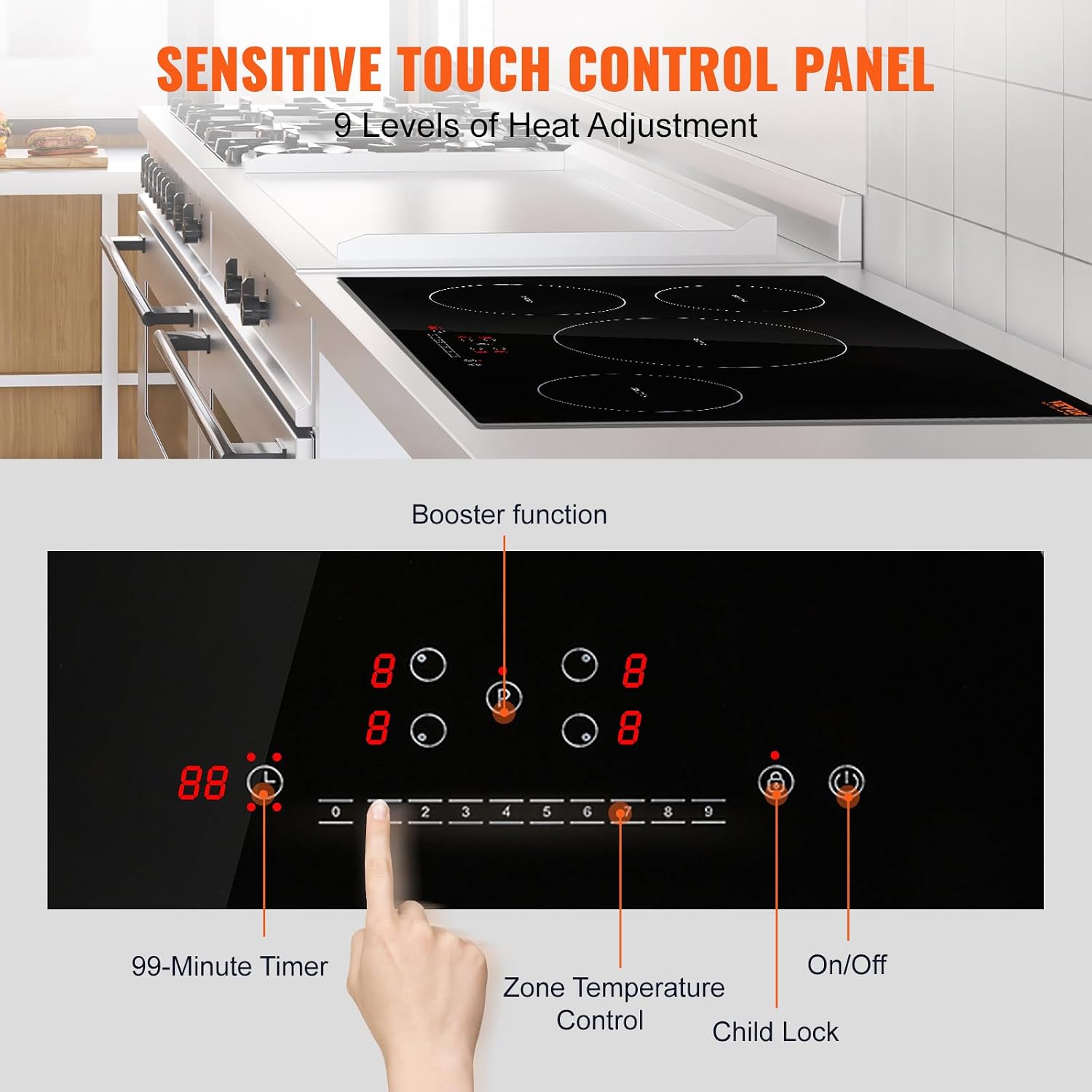 VEVOR Electric Cooktop, 4 Burners, 30'' Induction Stove Top, Built-in Magnetic Cooktop 7500W, 9 Heating Level Multifunctional Burner, LED Touch Screen w/Child Lock & Over-Temperature Protection