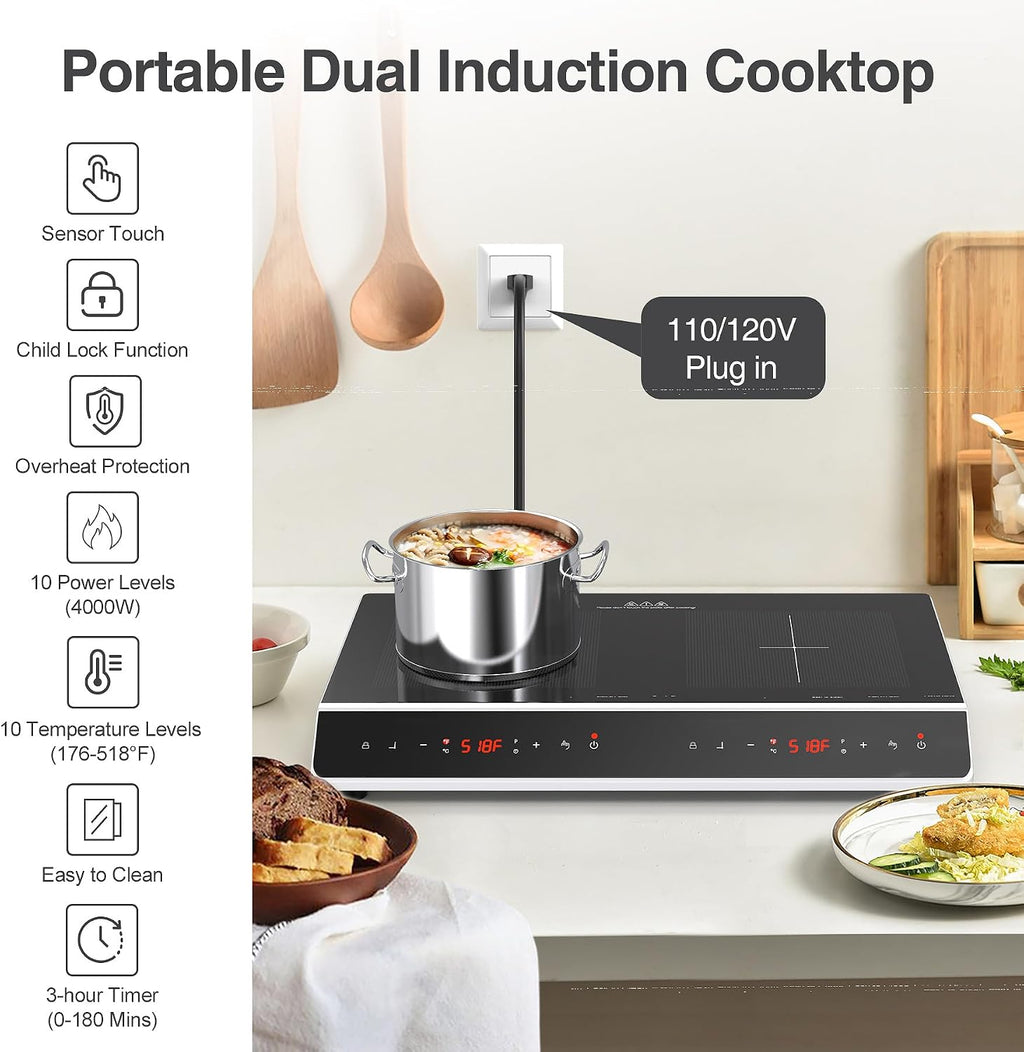 GIHETKUT Double Induction Cooktop, 4000W 2 burner Induction cooktop with LED Touch Screen 10 Levels Settings with Child Safety Lock & Timer 110V Electric burner with hot plate