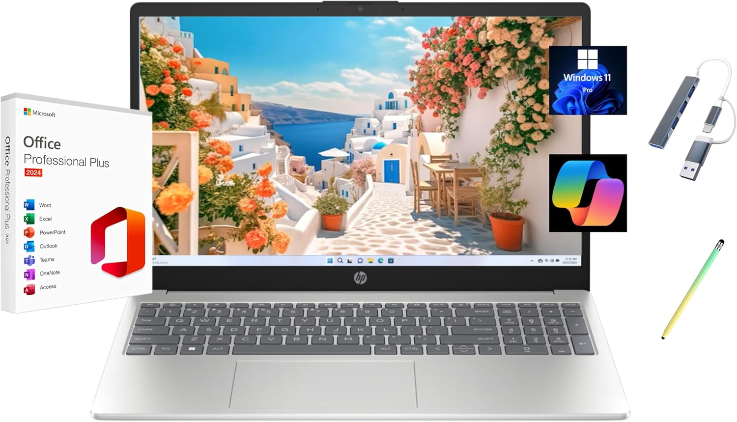 HP 2025 Pavilion 15.6' FHD Touchscreen Laptop, with Free Lifetime Microsoft Office 2024, Intel Core i7-1355U, 32GB RAM, 512GB SSD, Windows 11 Pro, Natural Silver, Copilot, with USB Hub & Stylus Pen