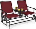 Tangkula 2 Person Swing Glider Chair, Patio Rocking Loveseat w/Center Tempered Glass Table, Outdoor Swing Bench w/Steel Frame & Breathable Mesh Fabric for Porch, Balcony, Poolside (Burgundy)