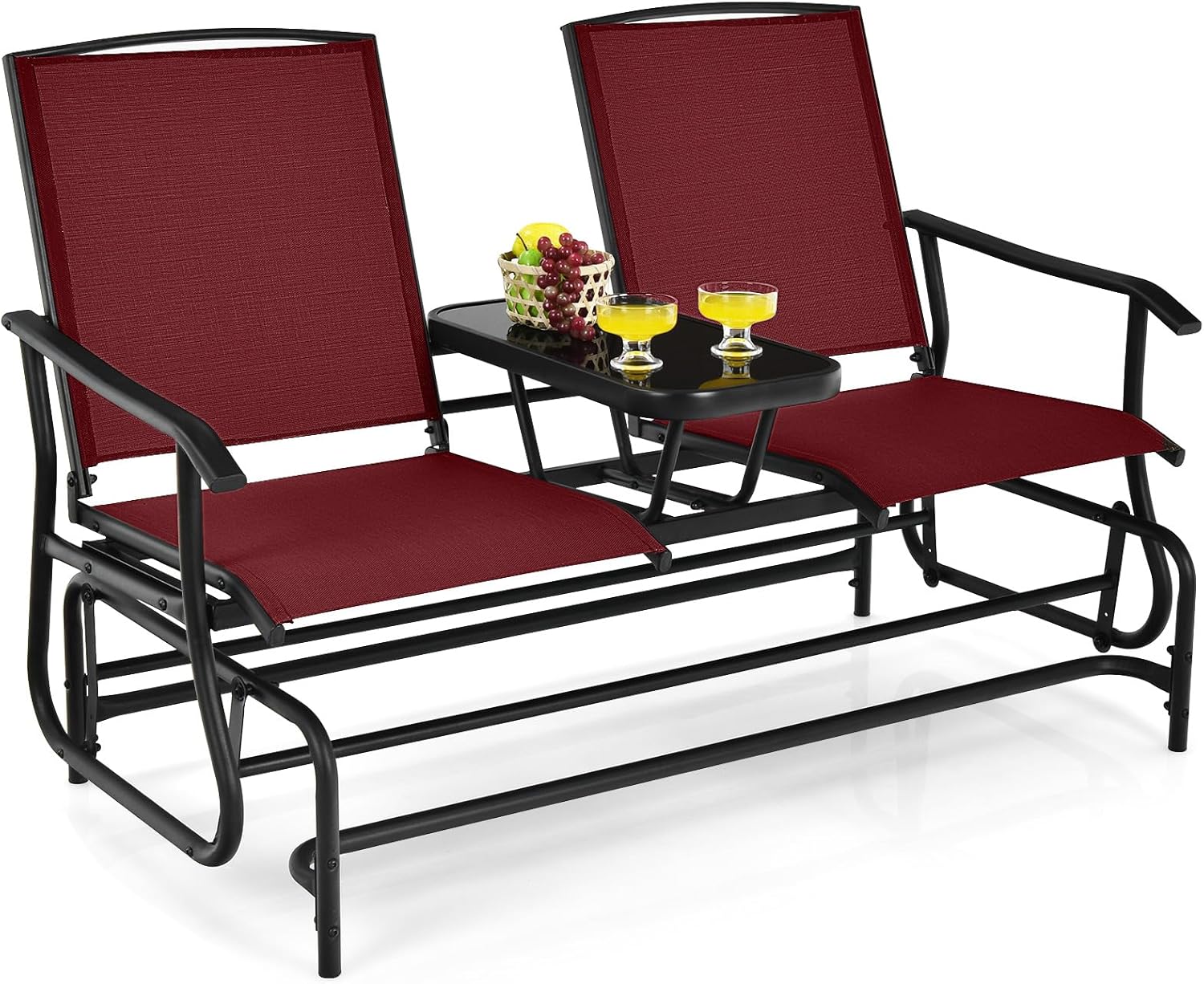 Tangkula 2 Person Swing Glider Chair, Patio Rocking Loveseat w/Center Tempered Glass Table, Outdoor Swing Bench w/Steel Frame & Breathable Mesh Fabric for Porch, Balcony, Poolside (Burgundy)