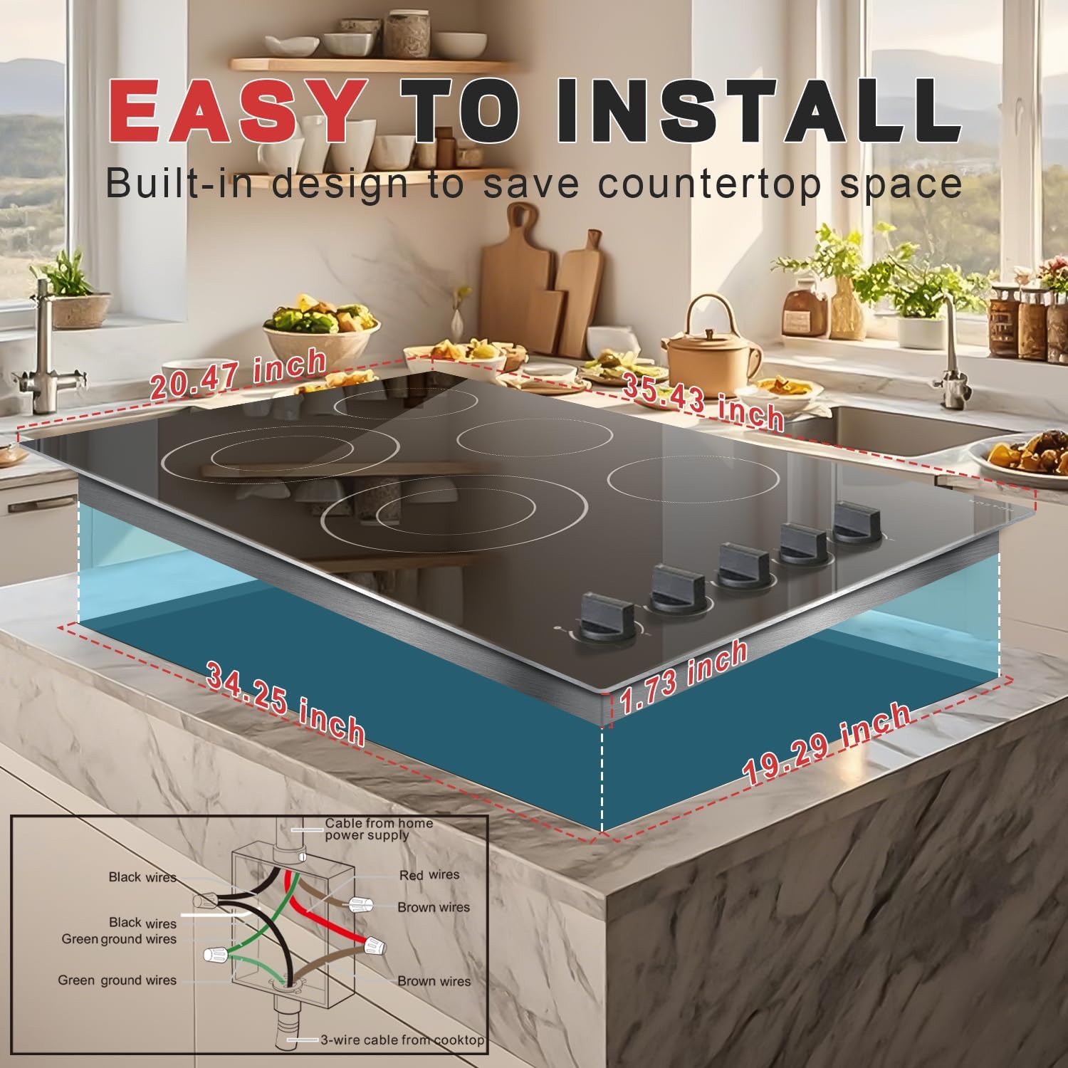 Noxton 36 Inch 5 Burners Electric Cooktop, Built-in 36' Radiant Electric Ceramic Stove Top with Glass Protection Metal Frame,Knob Control, Hot Surface Indicator, 220-240v, No Plug, Hard Wire