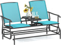 Tangkula 2 Person Swing Glider Chair, Patio Rocking Loveseat w/Center Tempered Glass Table, Outdoor Swing Bench w/Steel Frame & Breathable Mesh Fabric for Porch, Balcony, Poolside (Turquoise)