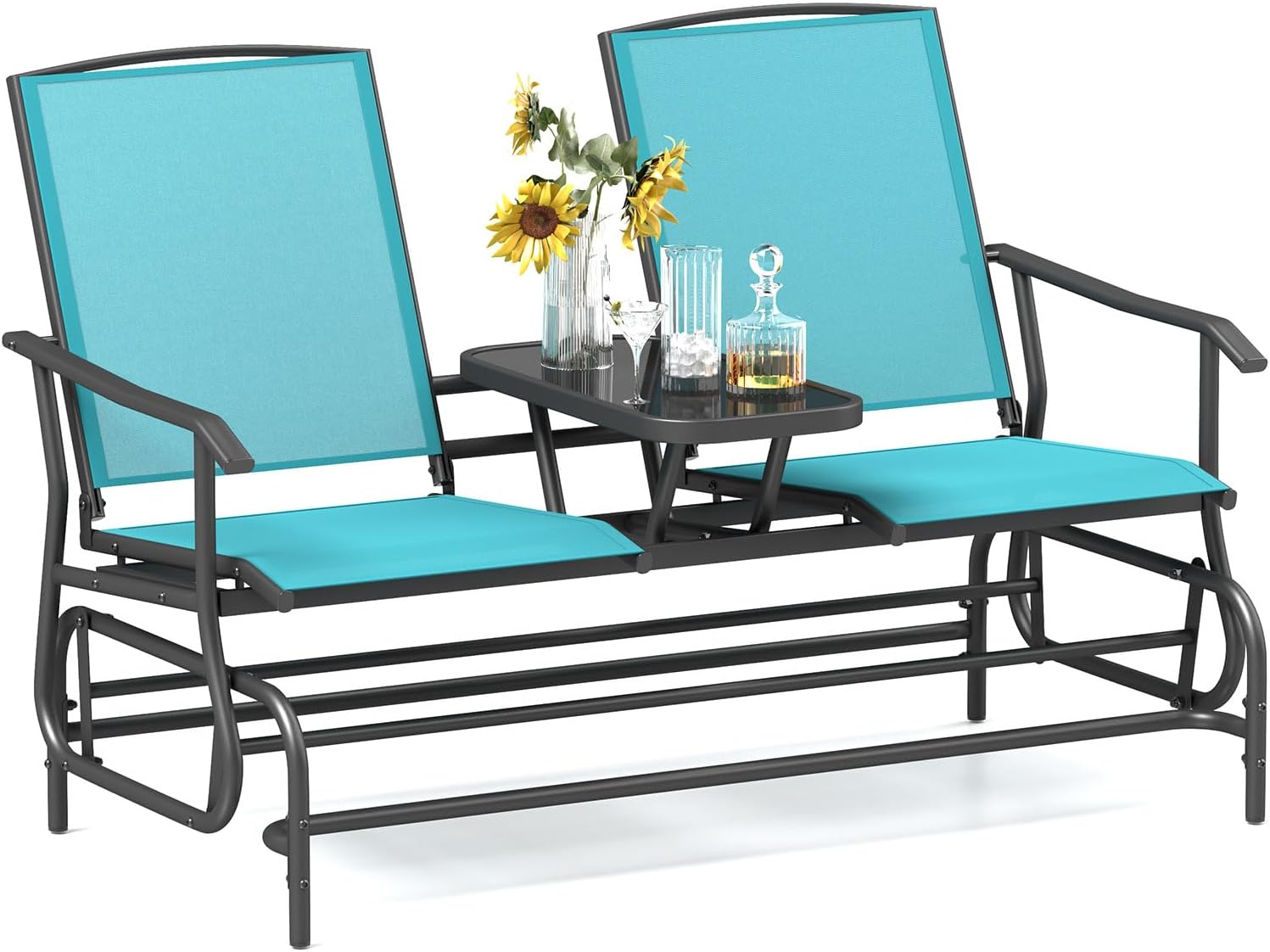 Tangkula 2 Person Swing Glider Chair, Patio Rocking Loveseat w/Center Tempered Glass Table, Outdoor Swing Bench w/Steel Frame & Breathable Mesh Fabric for Porch, Balcony, Poolside (Turquoise)