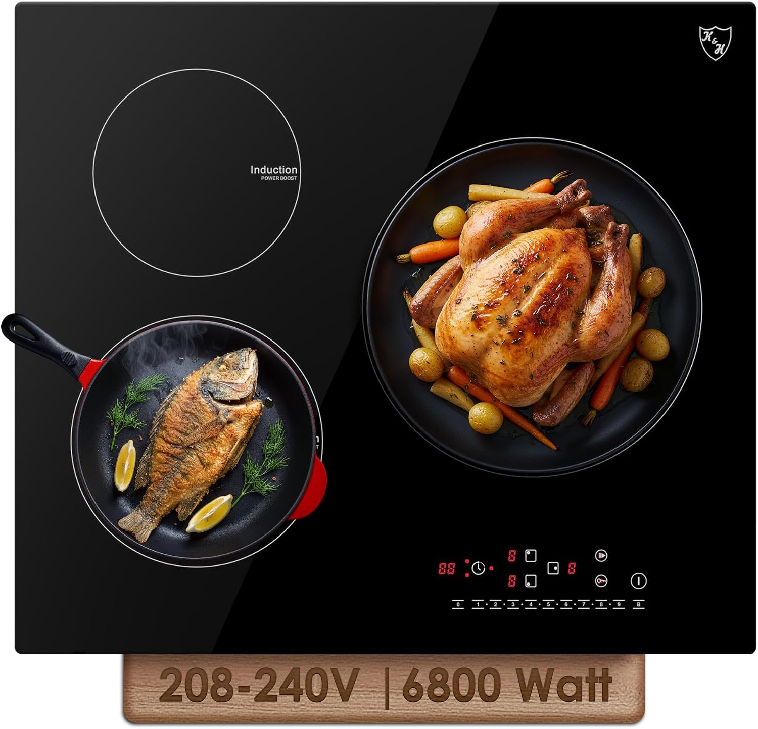 K&H 3 Burner Induction Cooktop - 24 Inch Built-In Electric Cermic Stove Top - 9 Heating Levels, 240V, 6000W High-Power Built-in Electric Stove Top - Child Lock, Timer & Touch Control - IN24-6803TB