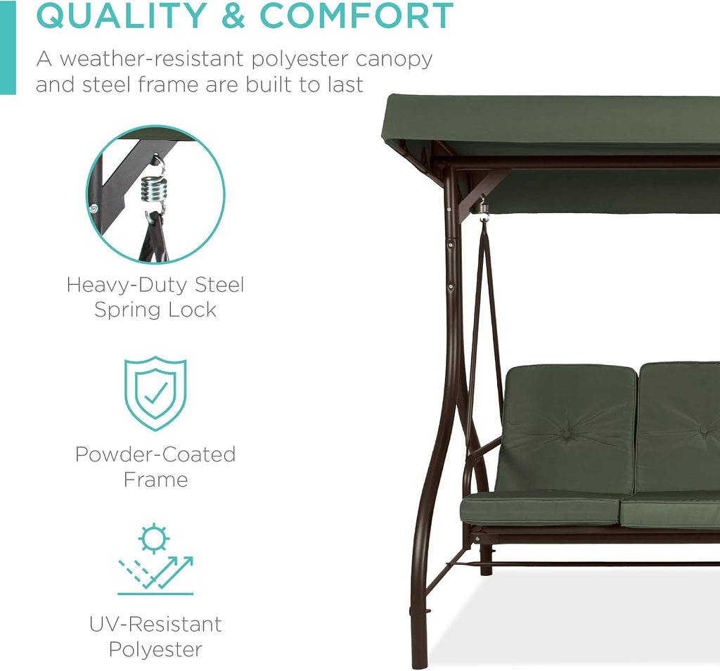 Best Choice Products 3-Seat Outdoor Large Converting Canopy Swing Glider, Patio Hammock Lounge Chair for Porch, Backyard w/Flatbed, Adjustable Shade, Removable Cushions - Midnight Green