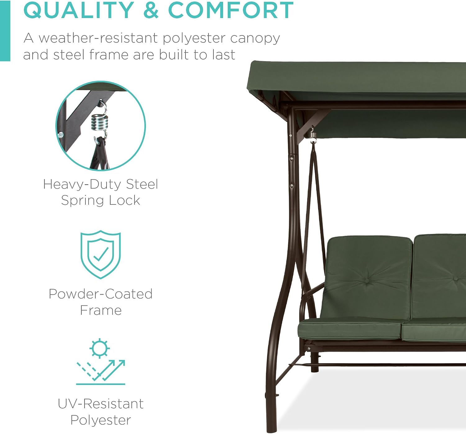 Best Choice Products 3-Seat Outdoor Large Converting Canopy Swing Glider, Patio Hammock Lounge Chair for Porch, Backyard w/Flatbed, Adjustable Shade, Removable Cushions - Midnight Green