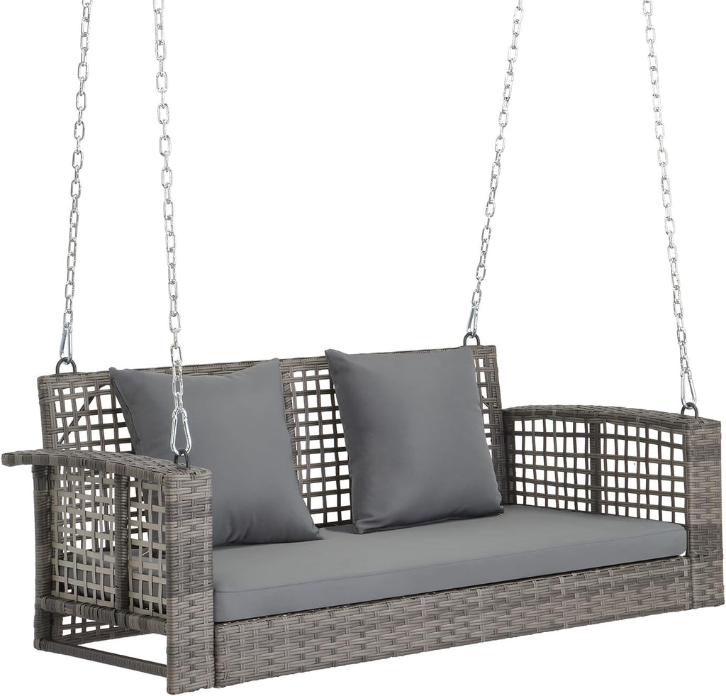 VINGLI 4 FT Rattan Porch Swing Outdoor Support 800 LBS with Cushions & Adjustable Chains, Patio Wicker Swing Bench Chair for Garden, Yard, Lawn, Tree, Grey