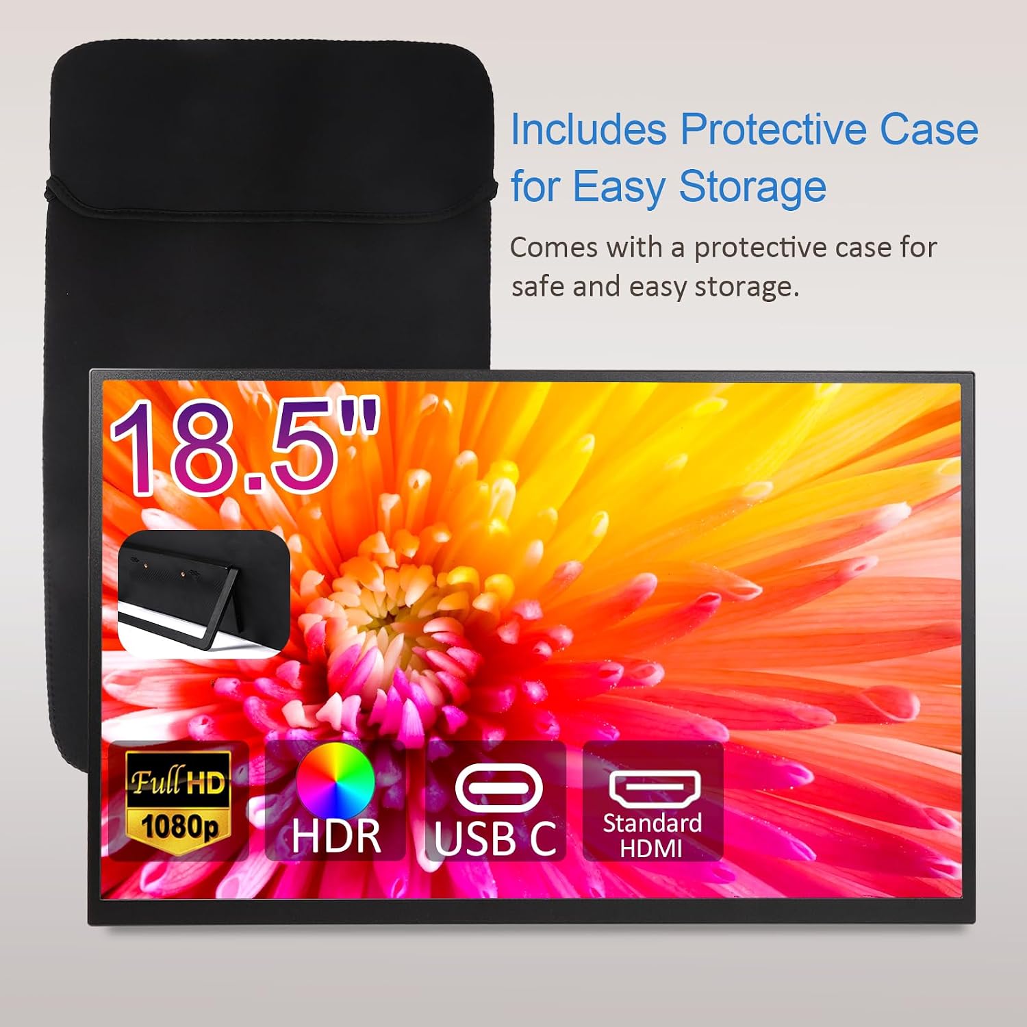 18.5 Inch Large Portable Monitor for Laptop, 120Hz 1080P FHD IPS Portable Travel Second Screen Display for/Phone/Xbox PS4/5, 100% sRGB, Dual Speakers, VESA & Storage Bag