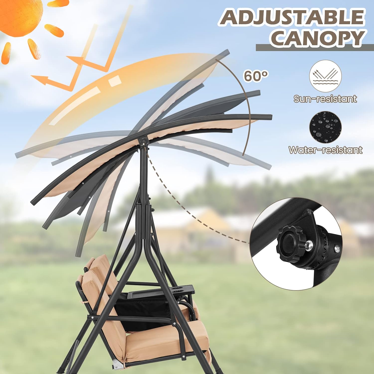 Tangkula 2 Person Porch Swing, Outdoor Swing with Pivot Storage Table, Cooler Bag, 2 Cup Holders, Removable Cushions, Patio Swing with Canopy for Backyard Balcony Poolside (Brown)