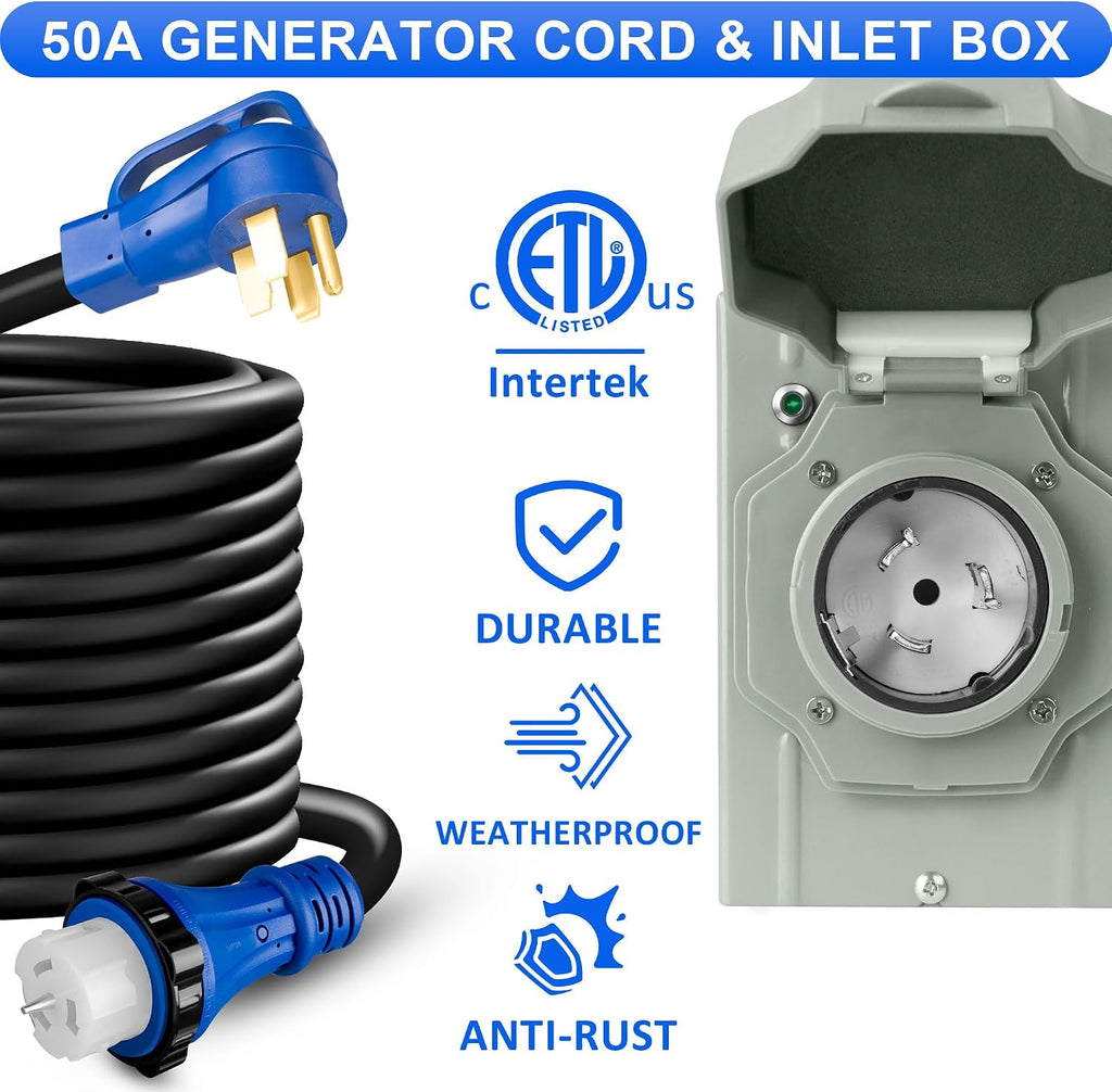 50 Amp Generator Cord and Inlet Box Combo Kit, 50FT NEMA 14-50P to SS2-50R Cord, Pre-Drilled Inlet Box, Waterproof, UL & ETL Listed