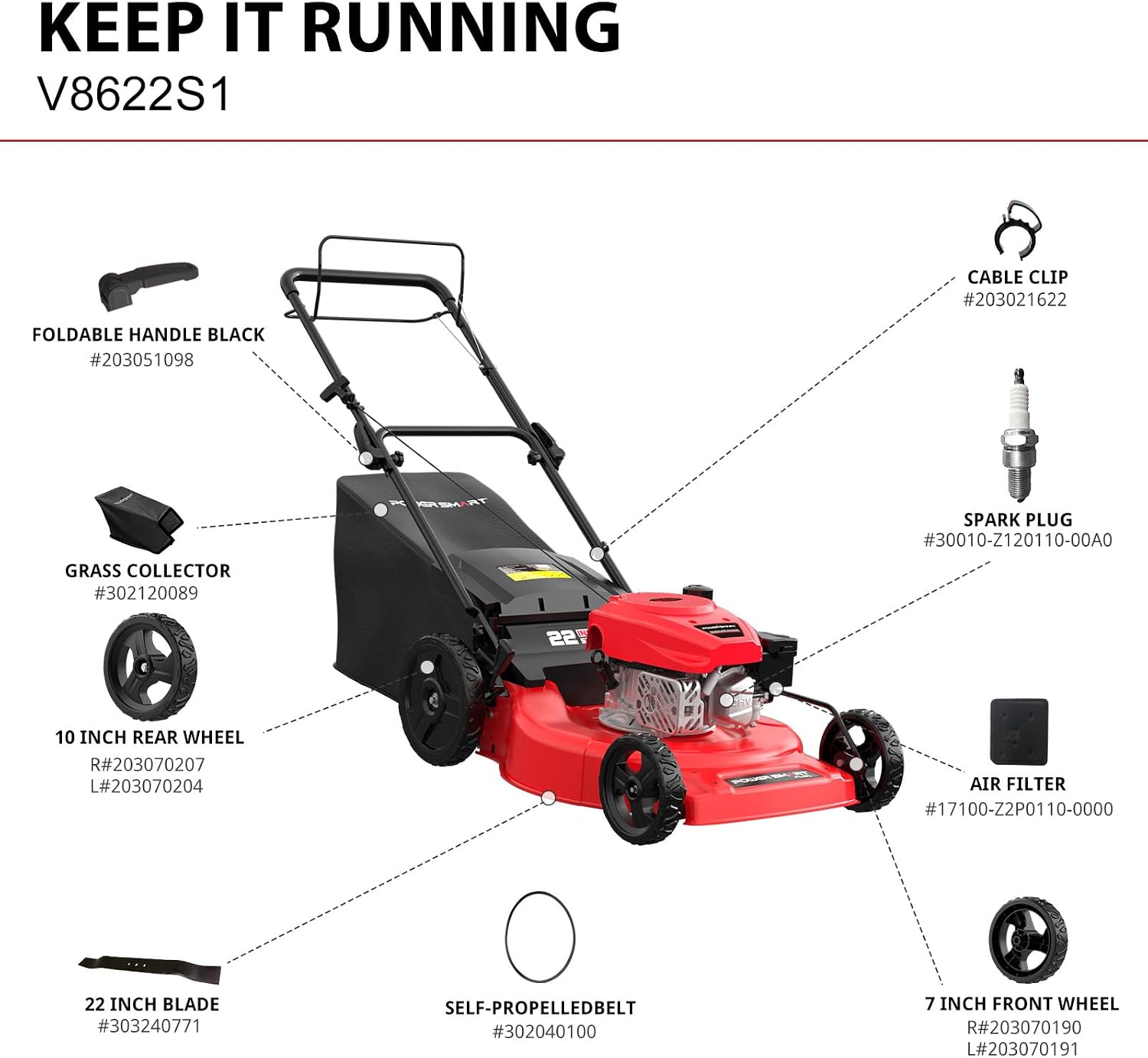 PowerSmart Self Propelled Gas Lawn Mower, 22 in. with 170cc OHV Engine, 2-in-1 Rear-Wheel Drive High Wheels, Red