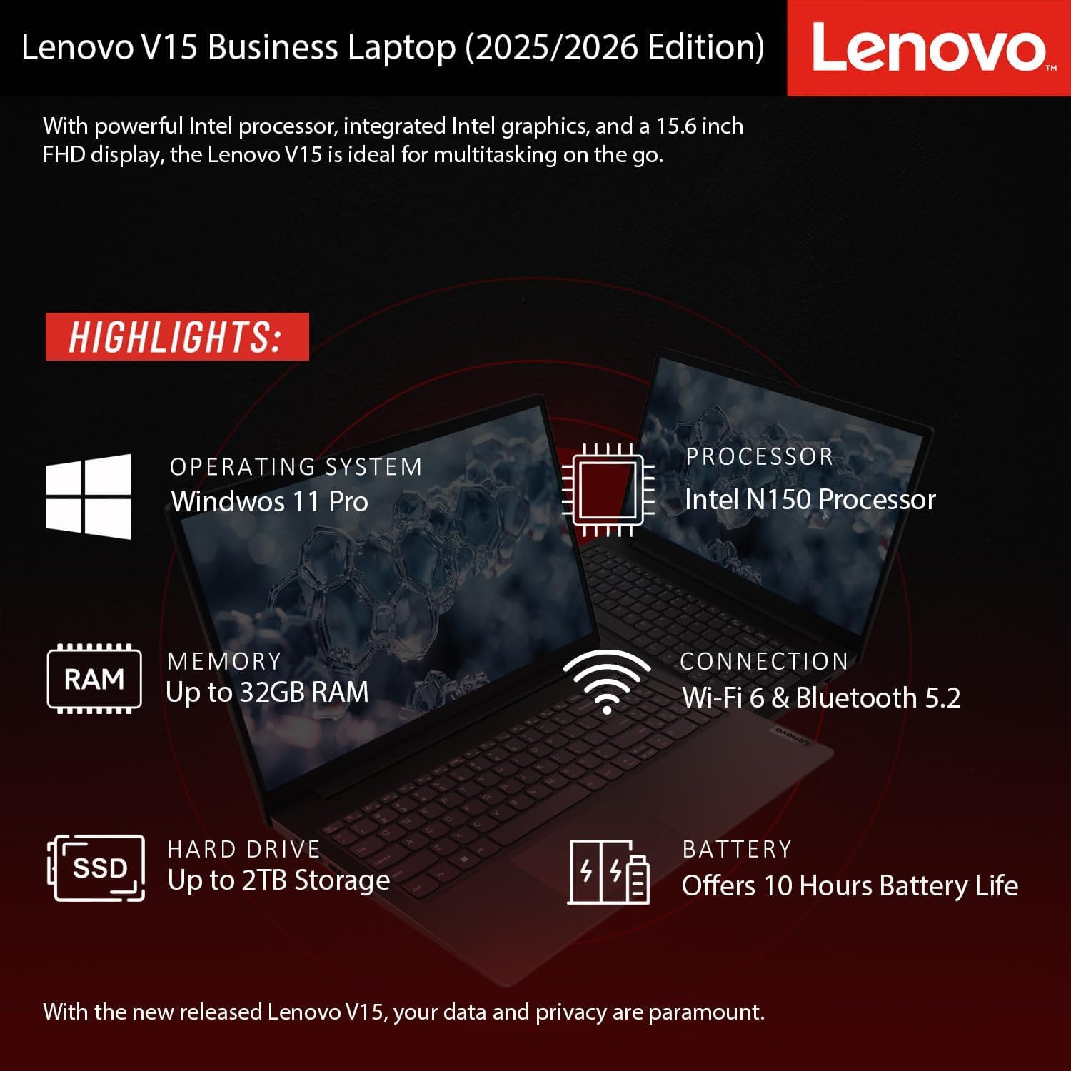 Lenovo 2026 Business and Student Laptop, Intel Powerful Processor, 16GB DDR5, 2TB PCIE, 15.6' FHD Anti-Glare Display, Fast Charging Speed, 14.5-Hour Battery Life, Windows 11 Pro with MS 365 for Web