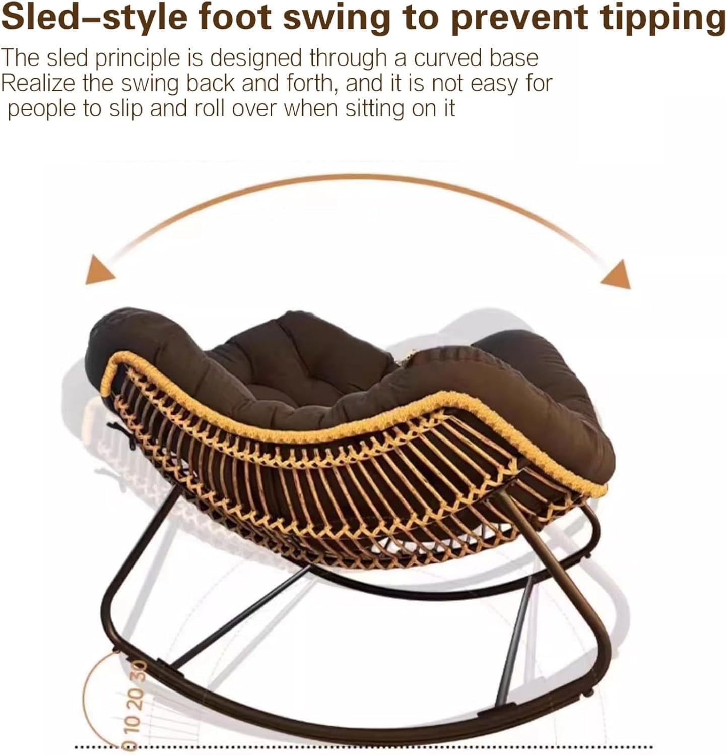 Oversized Egg Rocking Chair with Cushion, Patio Wicker Hanging Egg Chair with Padded Seat,Modern Rattan Rocker for Porch, Garden, Living Room, Bedroom(Orange)