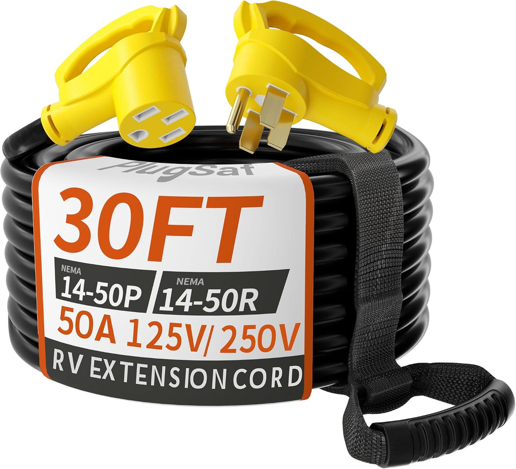 PlugSaf NEMA 14-50P/14-50R 30 FT 50 Amp RV/EV Extension Cord Outdoor with Grip Handle, 4 Prong Flexible Heavy Duty STW RV Power Cord Waterproof, 50A 125/250V 6250/12500W, Black-Yellow, ETL Listed