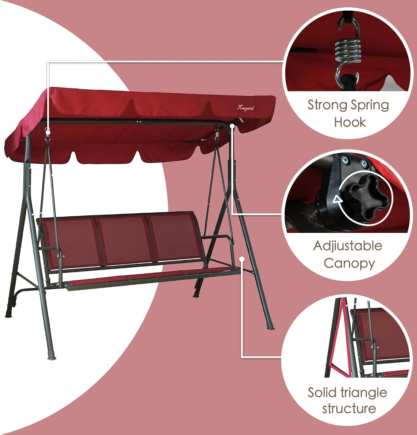 Kozyard 3-Person Outdoor Canopy Porch Swing Chair, Breathable Textilene Armrest Seat, Adjustable Shade, Heavy-Duty Powder-Coated Steel Frame Swing for Patio, Backyard, Poolside & Balcony Burgundy