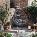 Kurapika Egg Swing Chair Indoor Outdoor Patio Wicker Rattan Hanging Egg Chair with Stand, Hammock Swing with Cushioned Headrest, 350LB Capacity for Bedroom, Balcony, Garden,Deck (Grey)