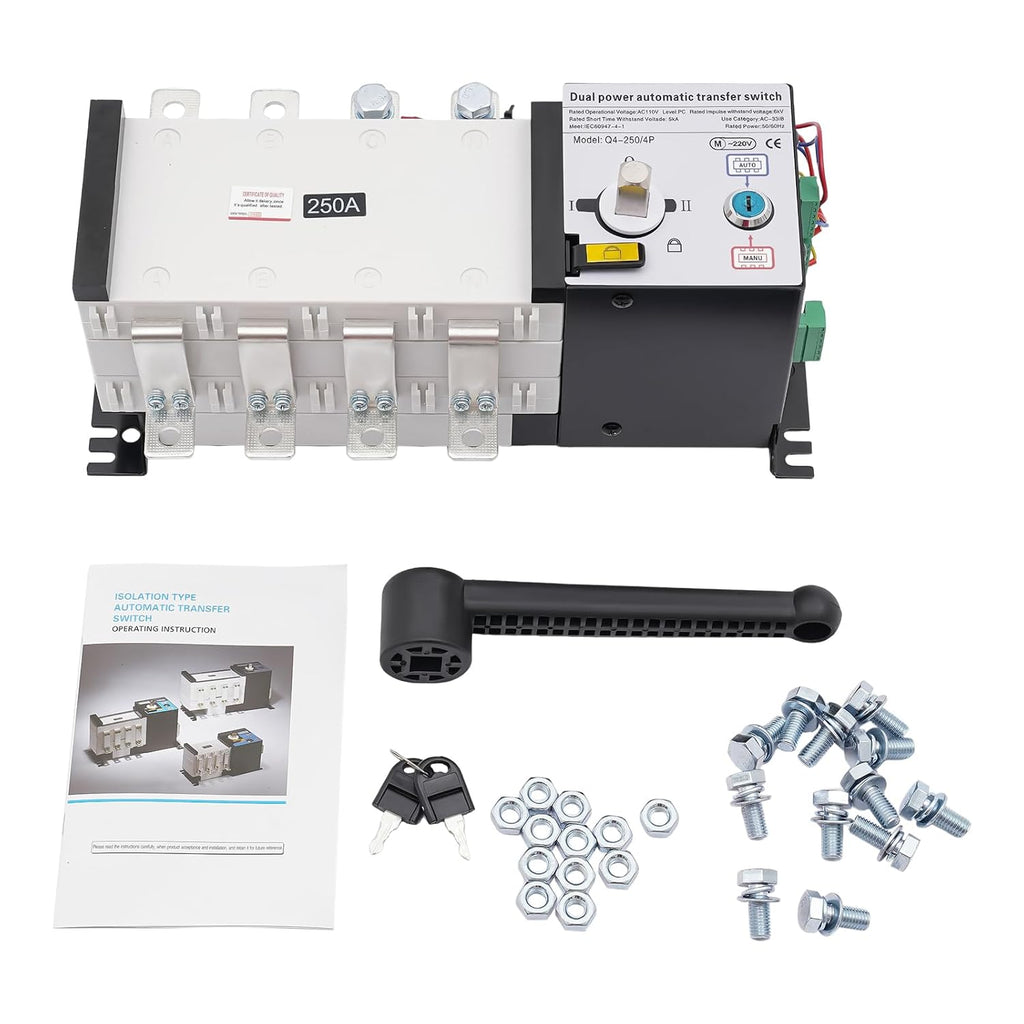 Dual Power Automatic Transfer Switch (ATS) 4P 250A 110V, Heavy-Duty Changeover Switch with Key Lock, for Generator Backup Power, Manual/Auto Mode, for Commercial/Industrial Use