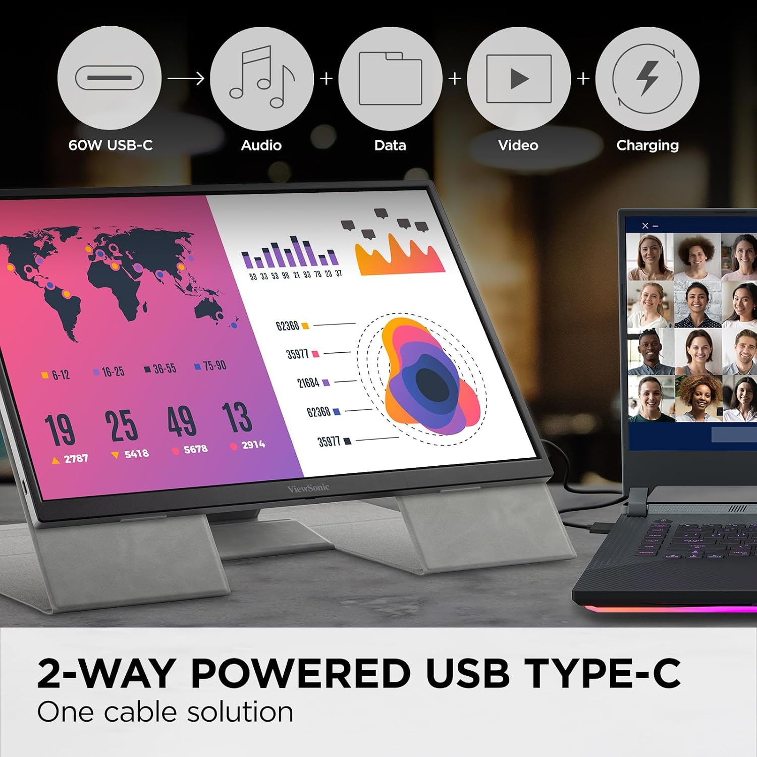 ViewSonic VG1656N 16 Inch 1200p Wireless Portable Monitor, IPS for Improved Workflows and Second Screen Productivity, Built-in Stand and Battery, 60W USB-C, and WiFi Dongle Inputs
