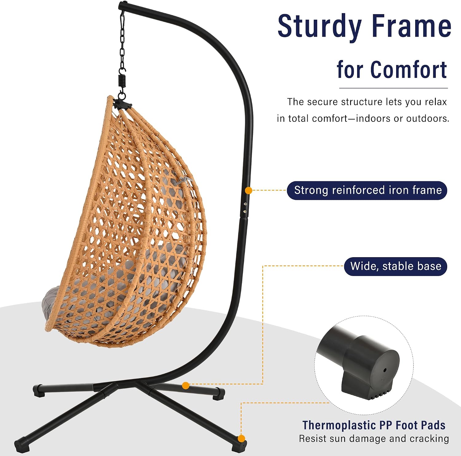 Single Hammock Chair with Stand Durable Hanging Egg Chair with Rattan Weaving, Indoor Outdoor Swing Chairs with Soft Removable Cushion for Balcony, Bedroom, Patio, or Garden, Natural+Grey