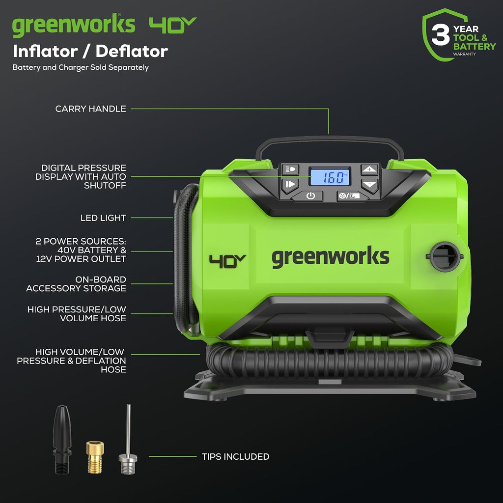 Greenworks 40V 20' Cordless Push Lawn Mower with Axial Leaf Blower(500 CFM / 120 MPH), 12' String Trimmer, 160 PSI Portable Tire Inflator, Includes 2 Batteries(5Ah+2Ah) & Chargers