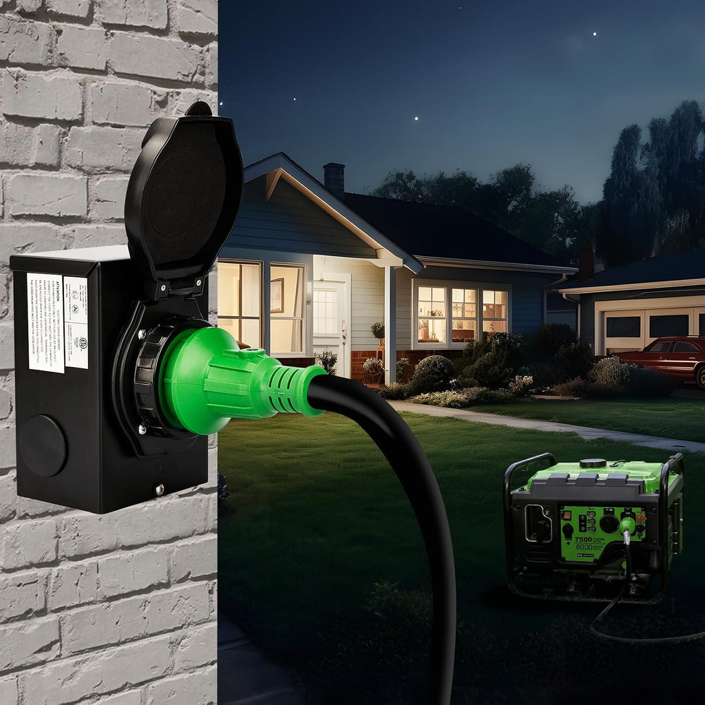 RVGUARD Emergency Power Combo Kit, 100 Foot 30 Amp Generator Cord and Power Inlet Box, NEMA L14-30P to L14-30R Generator Cord with NEMA L14-30P Pre-Drilled Generator Inlet Box, ETL Listed