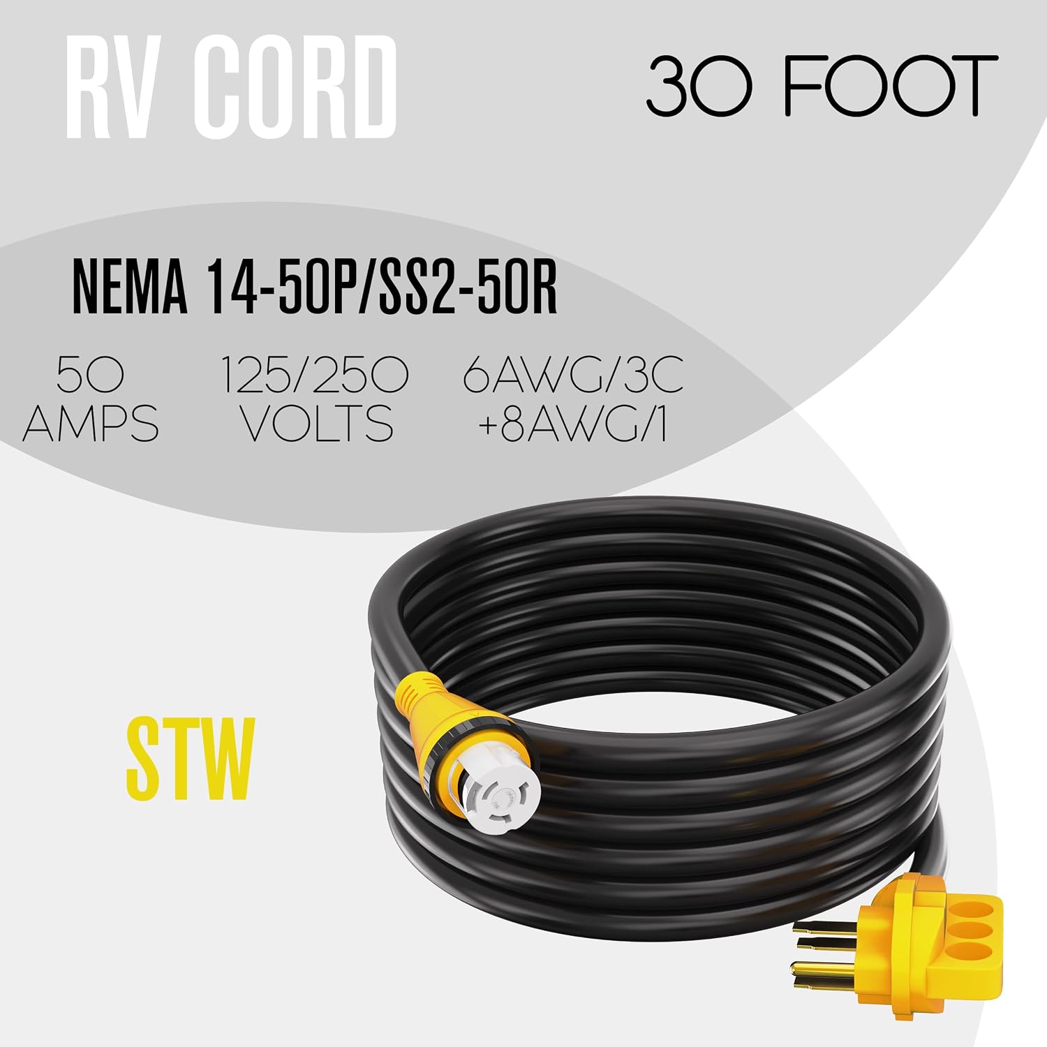 Houseables 50 Amp RV Extension Cord, 50 Amp RV Cord, Generator Cable, 50amp Power Cable, Generator Wire, 50a Shore Power, Twist Lock, Camper, 4 Prong, SS2-50R to 14-50P, STW, 125/250v, UL Listed, 30FT