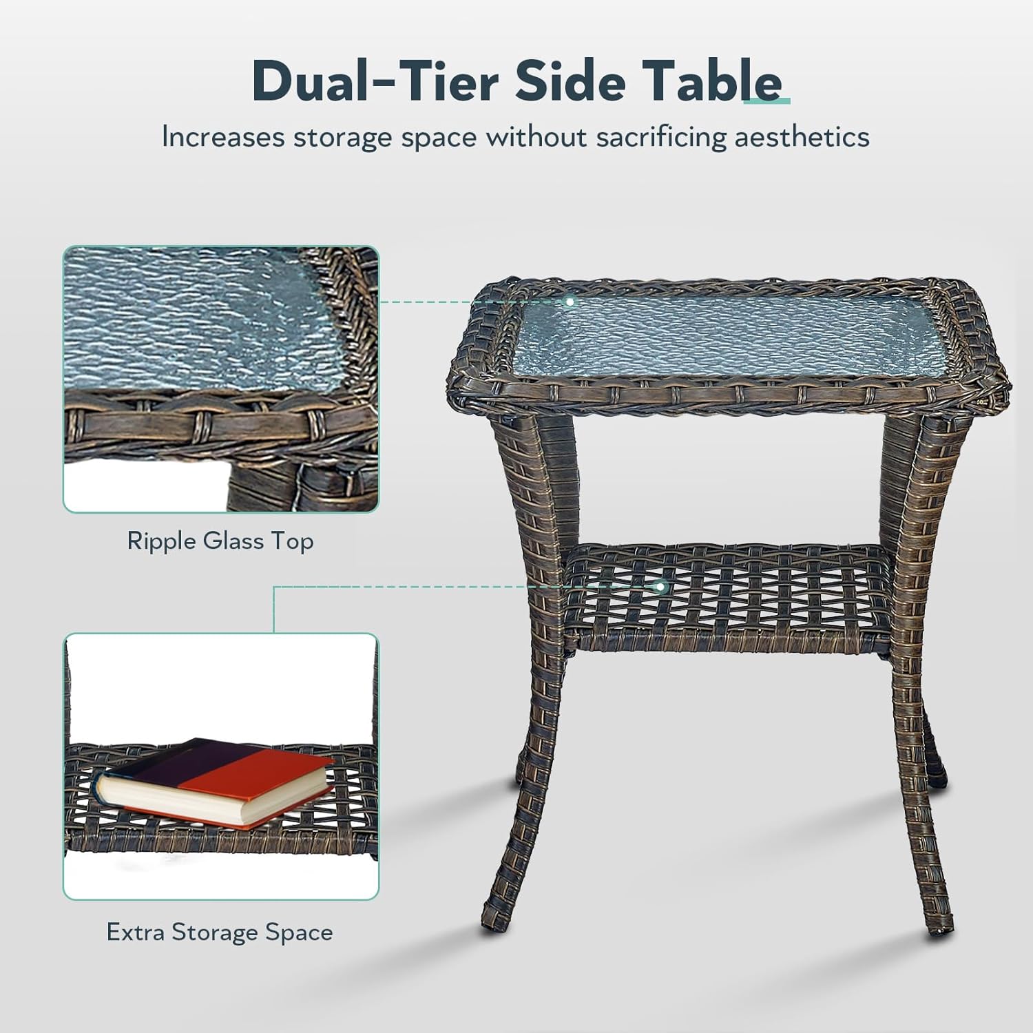 5 Piece Patio Furniture Set with Fire Pit Table - Wicker Patio Conversation Set with Swivel Glider, 3-Seat Sofa, Tempered Glass Side Table for Deck Backyard - Brown Wicker Beige Cushion